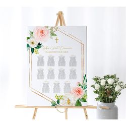 floral first communion seating chart, editable template, table poster, diy boho printable baptism template, pink rose fl