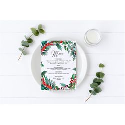 editable christmas menu template, printable christmas wreath menu, 5x7', green leaf menu card, greenery winter, berries,