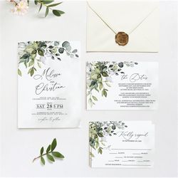 eucalyptus greenery wedding invitation set, editable template, printable floral wedding invite, rsvp & details, green fo