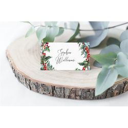 christmas wreath place cards, editable, printable floral place card template, greenery seating card, name card, escort c