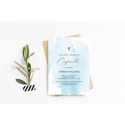 blue watercolor confirmation invitation, editable template, modern boy printable confirmation invite, minimalist