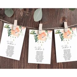 peach rose seating chart small pages, editable template, greenery find your seat cards, diy floral printable plan, boho