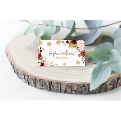 marsala rose winter shower place card, editable template, printable burgundy flowers & golden snowflakes name cards, chr