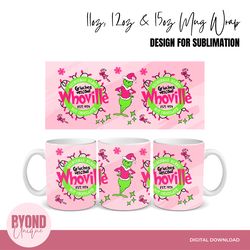 grinch hot chocolate whoville christmas, 11, 12 & 15oz full mug wraps, 300 dpi png