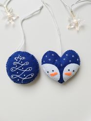 christmas ornaments, set of 2  christmas tree ornaments, christmas tree decorations, felt ornaments, heart ornaments