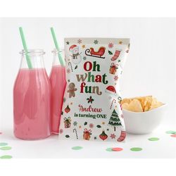 editable christmas birthday party chip bag wrappers winter onederland party chip bag labels oh what fun christmas birthd