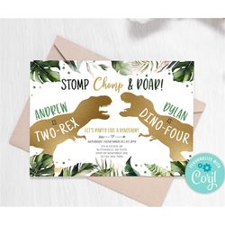 editable dinosaur double birthday party invitation twins dino t-rex invitation gold dinosaurs joint party invitation 020