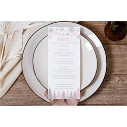 editable pink snowflake baby shower menu little snowflake dinner brunch template pink and silver snowflake baby shower m