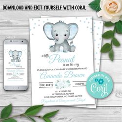 editable elephant baby shower invitation.baby elephant boy baby shower invite. peanut boy invitation. pink elephant baby