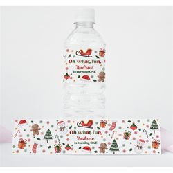 editable christmas birthday party bottle label oh what fun christmas birthday water label red green winter wonderland bo