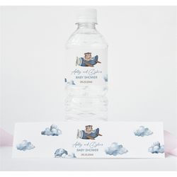 editable airplane bear bottle label bear on a plane we can bearly wait baby shower water labels blue airplane fly high a