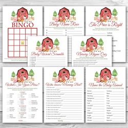 red farm baby shower game package 8 printable farm animals baby shower games party pack gender neutral baby shower games