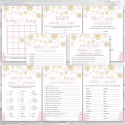 girl snowflake baby shower game package, 8 printable winter baby shower games party pack, pink snowflakes baby shower ga