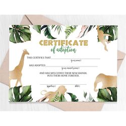 adopt an animal adoption certificate, gold animals adoption wild one birthday, printable safari adoption certificate, zo