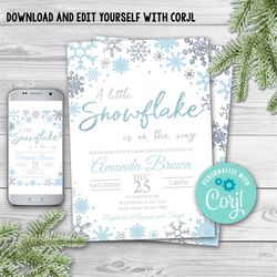 editable snowflake baby shower invitation, a little snowflake is on the way invitation, winter wonderland baby shower, b