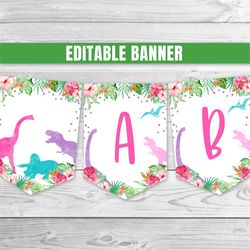 editable dinosaur banner girl dinosaur birthday a-z banner prehistoric party pink purple dinosaur decoration dino party