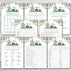 blue farm baby shower game package 8 printable boy farm animals baby shower games party pack blue tractor baby shower ga