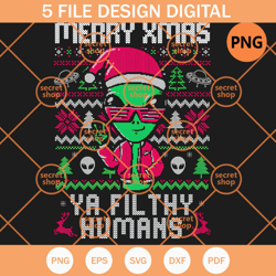 alien merry xmas ya filthy humans , christmas hat , pine tree christmas