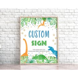 editable dinosaur birthday table sign, blue dinosaur sign. custom safari dino birthday party sign template, t-rex birthd