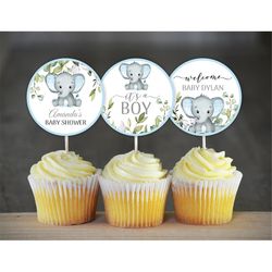 blue elephant baby shower cupcake toppers elephant shower decoration editable boy elephant cupcake toppers elephant baby