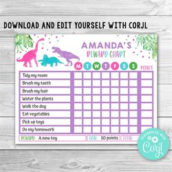 editable dinosaur reward chart for kids, girl dinosaur routine chart, dinosaur kids chore chart, printable dino chore ch