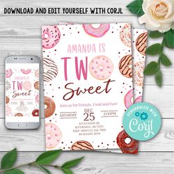 editable two sweet donut birthday invitation, second birthday party pink girl doughnut, donut 2nd birthday party invitat