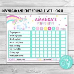 editable unicorn reward chart for kids, girl unicorn routine chart, unicorn kids chore chart, printable unicorn chore ch