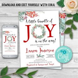 editable christmas baby shower invitation, bundle of joy is on the way, winter baby shower, holiday, printable template,