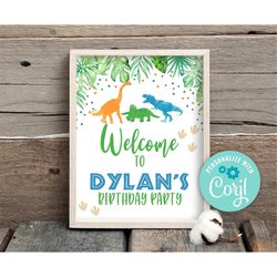 editable dinosaur welcome sign instant download, safari dinosaur birthday sign, blue dinosaur welcome party sign board t