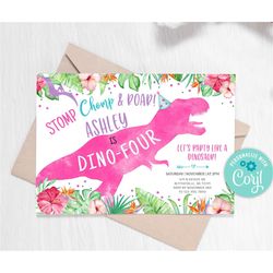 editable dino-four dinosaur birthday invitation girl dino t-rex invitation fourth birthday dino invite pink dinosaur par