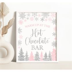 winter snowflake hot chocolate bar sign holiday warm up at the hot chocolate bar sign pink silver snowflakes hot chocola