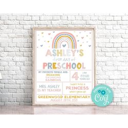 editable first day of preschool sign boho rainbow first day of school sign rainbow first day of kindergarten sign prop i