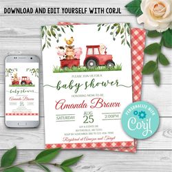 editable farm baby shower invitation. red farm animals baby shower invite, boy barnyard baby shower invitations, farm tr