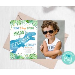 editable dino-four dinosaur birthday invitation boy dino t-rex invitation fourth birthday dino invite blue dinosaur part