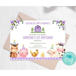 editable farm birthday invitation purple farm animals birthday invite girl barnyard birthday purple farm invitations par