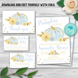 editable little pumpkin baby shower invitation set, boy fall baby shower invitation pack. fall baby shower. pumpkin invi