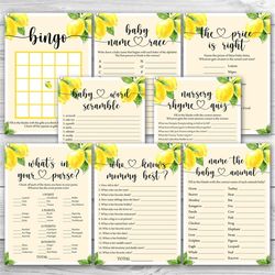 a little lemon is on the way baby shower game bundle lemon baby shower game package 8 printable lemon baby shower games