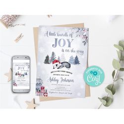 editable a little bundle of joy is on the way invitation penguin baby shower invitation winter wonderland shower gender