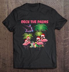 deck the palms pink flamingo santa hat christmas tee shirt