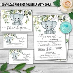 editable greenery foliage baby shower invitation set. elephant baby shower invitation pack. gender neutral baby shower t