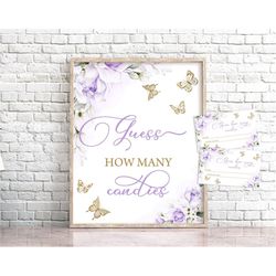 butterfly guess how many candies game sign purple and gold floral butterfly candies baby shower game butterfly shower sp