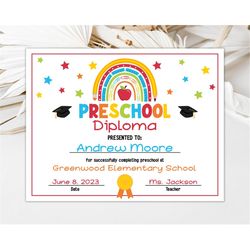 editable preschool diploma personalized graduation certificate school graduation certificate last day of school diploma