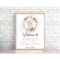 editable bunny baby shower welcome sign pink floral bunny welcome sign girl bunny baby shower sign template girl bunny w