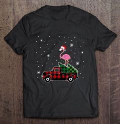 flamingo riding red plaid truck christmas2 tshirt