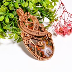 natural seam agate gemstone oval vintage handmade pure copper wire wrapped pendant 2.9" 31.3 gms. kr09-28