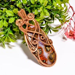 natural seam agate gemstone oval vintage handmade pure copper wire wrapped pendant 2.9" 22 gms. kr09-32