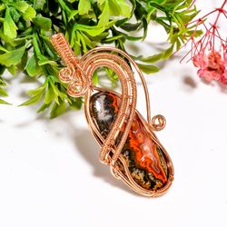 natural seam agate gemstone oval vintage handmade pure copper wire wrapped pendant 2.3" 11.3 gms. kr09-36