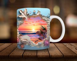 3d beach mug sublimation 11oz, 15oz mug sublimation wrap, digital download mug png, ocean break through coffee cup tea c