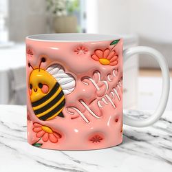 3d beeing happy inflated bee mug wrap, 3d puffy honeycomb bee mug wrap sublimation design png, 3d daisy puff flowers 11o