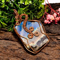 natural labradorite gemstone vintage handmade jewelry pure copper wire wrapped pendant 2.9" 40.4 gms kr09-57